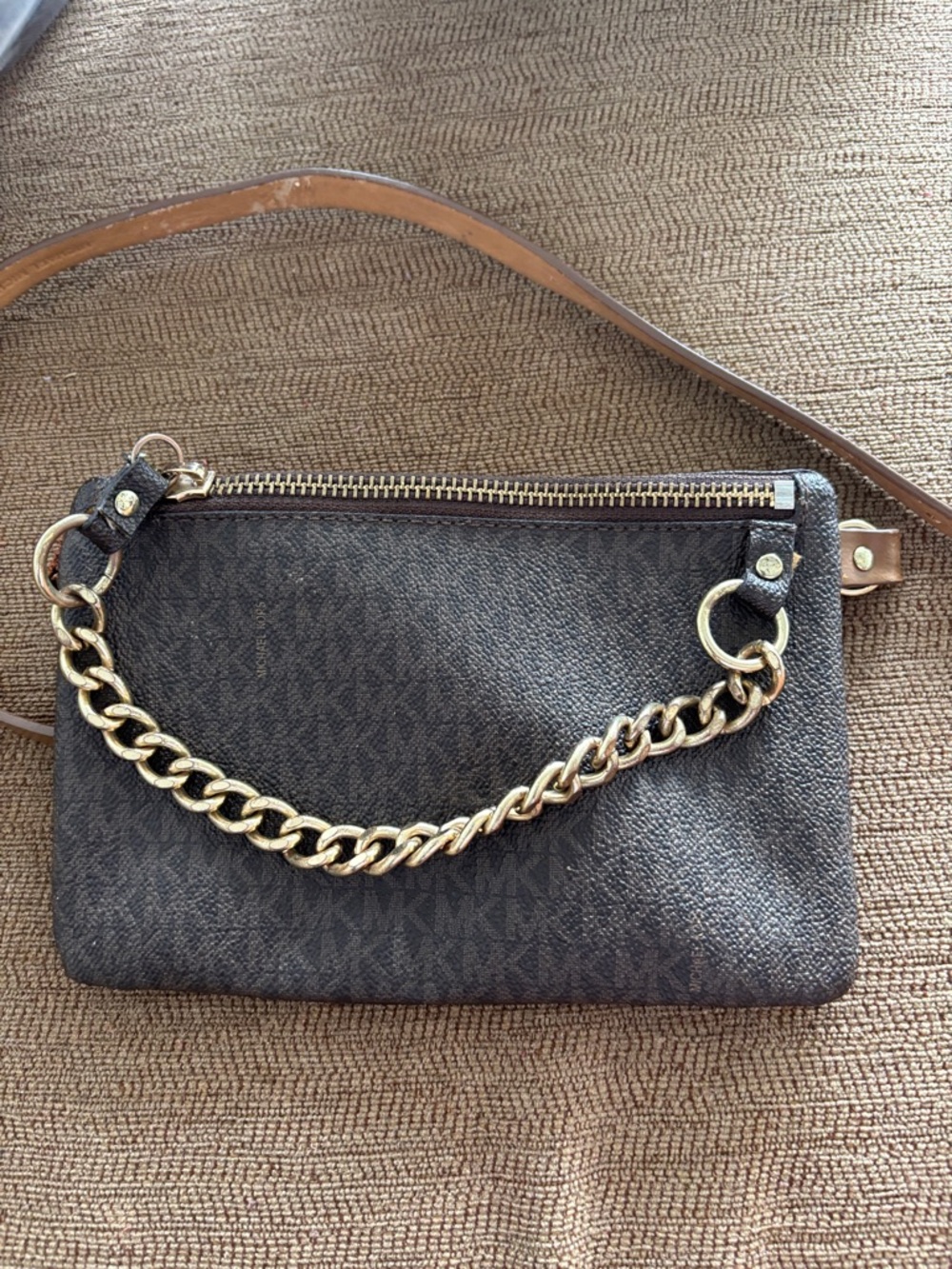 Michael Kors Dark Brown Logo Crossbody with Gold Chain